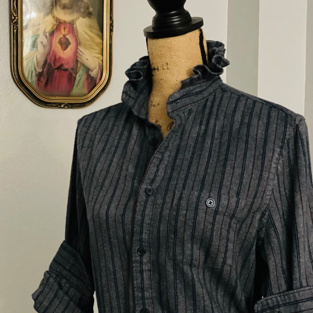 Upcycled Ladies Long Sleeve Button Down Ruffle Collar, Unique Flannel Shirt